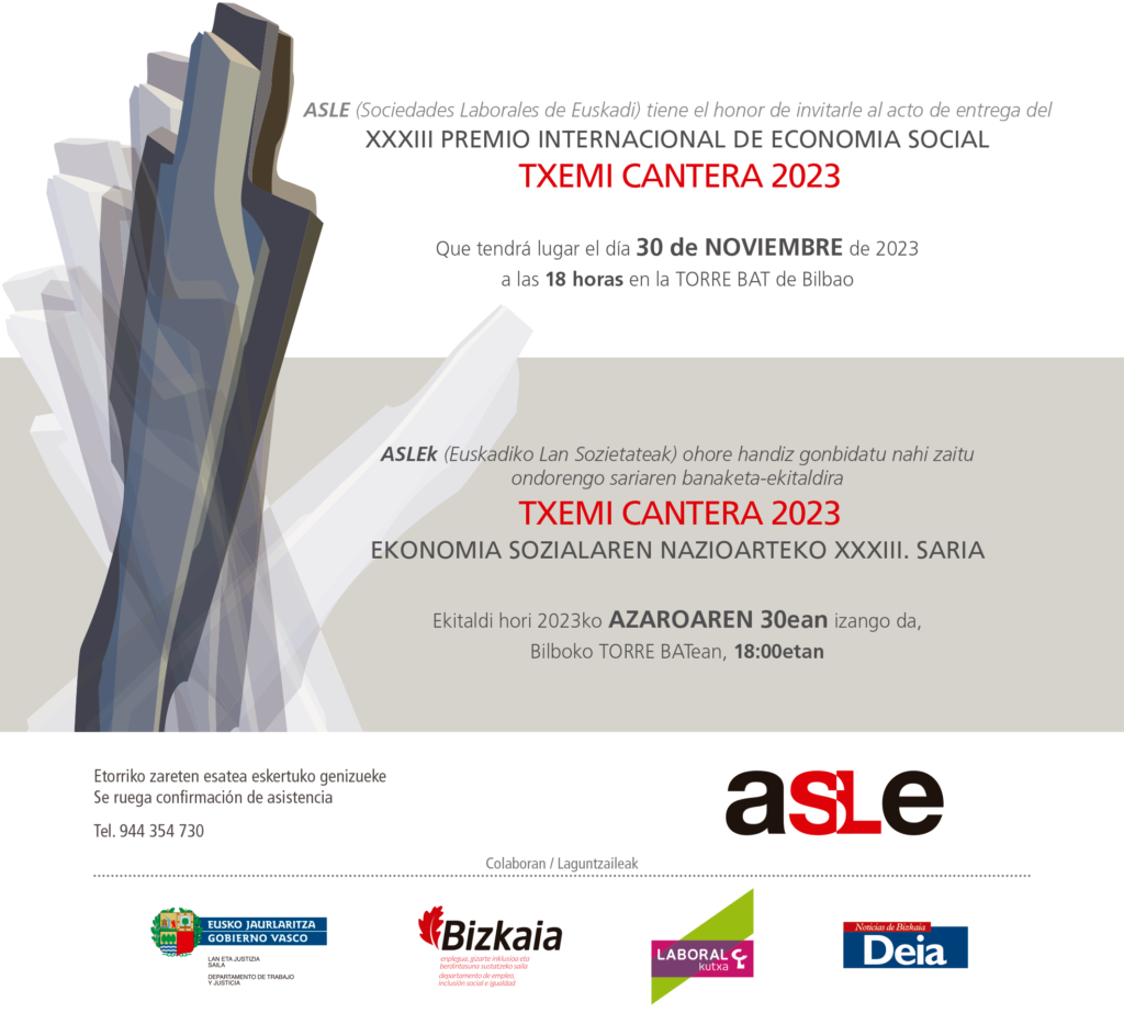 Invitación para el premio internacional de Economía Social Txemi Cantera 2023